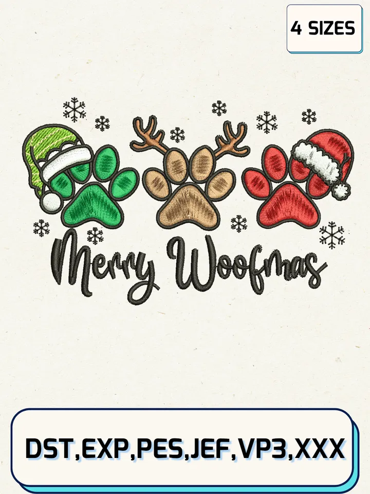 Merry Woofmas Christmas Embroidery Design Files,Christmas Embroidery Designs,Machine Embroidery Files,4 Sizes