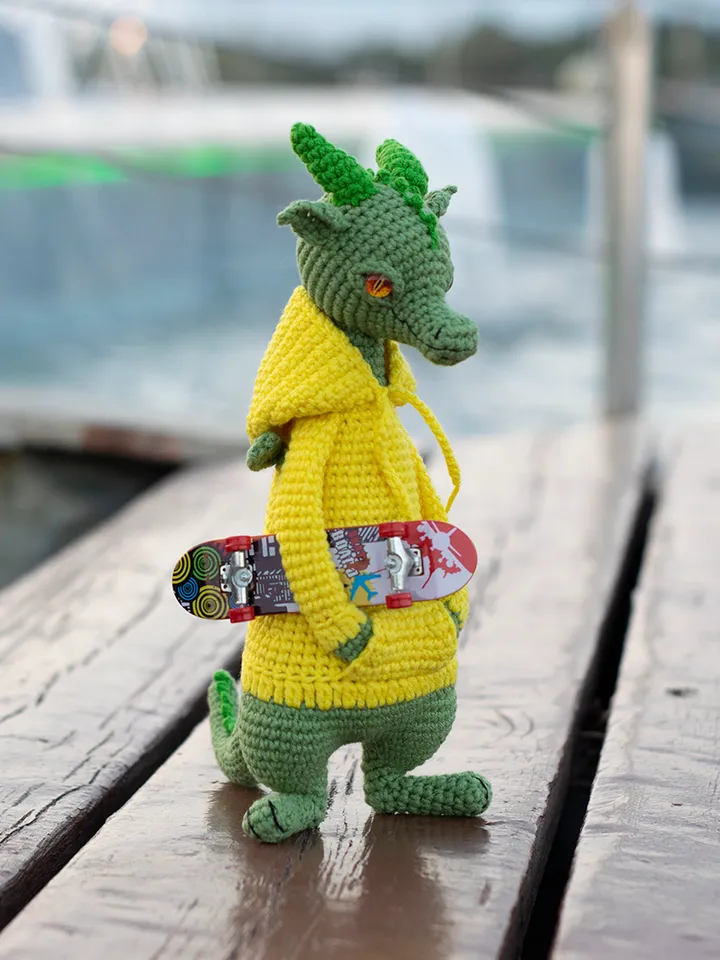 Realistic stuffed figurine dragon in hoodie gift idea for New Year, crochet art doll, exclusive handmade toys