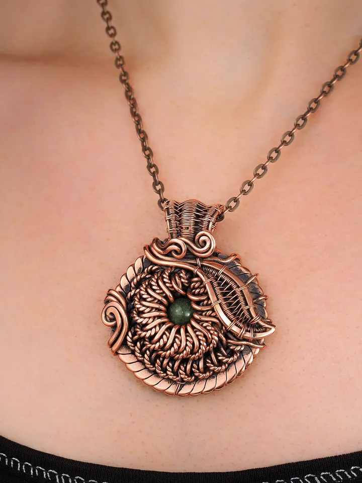 Natural green jade copper wire wrapped pendant Elegant leaf and flower necklace