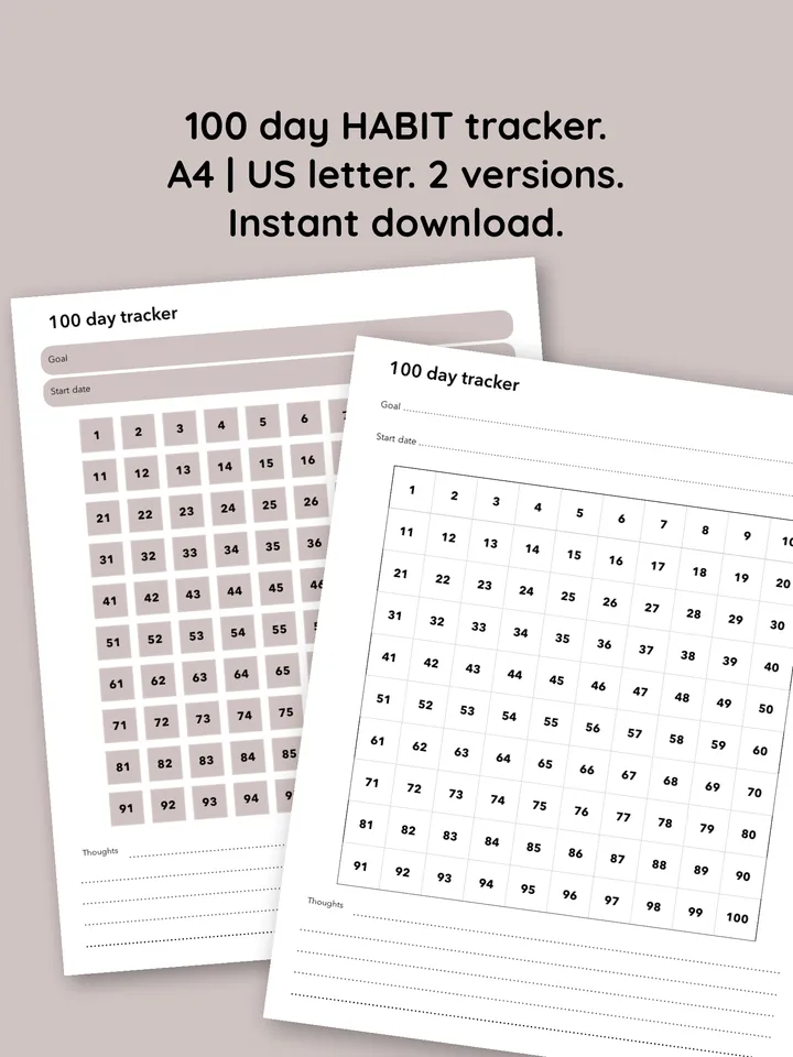 100 day habit tracker. Fitness challenge chart. Goal setting. Digital habit tracker. Saving tracker. Challenge tracker