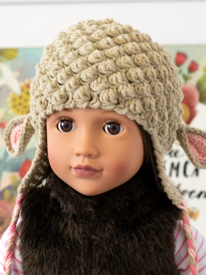 Crocheted lamb hat for 18″ American girl doll (AG doll) and Our Generation doll (OG doll)
