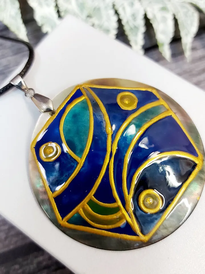 Pearl pendant necklace: Unique abstract necklace for women hand painted on mother of shell, Blue and gold painting on statement jewelry