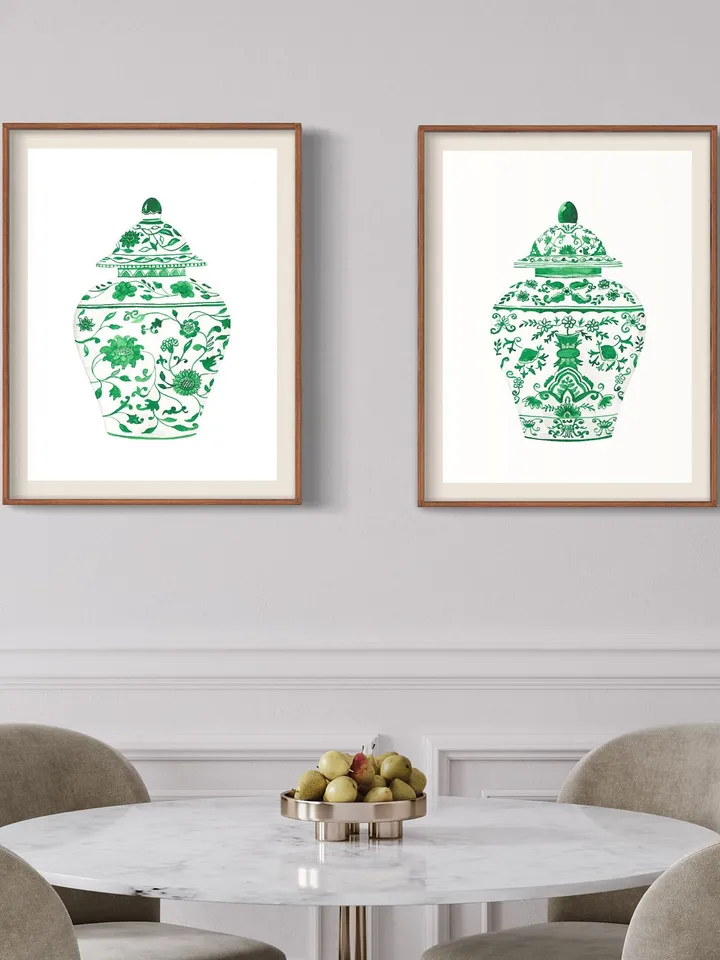 Green Chinoiserie Set Of 2 Posters Watercolor Porcelain Ginger Jar Wall Art Green Vase Print Gift Home Decor Asian Vase Watercolor Prints