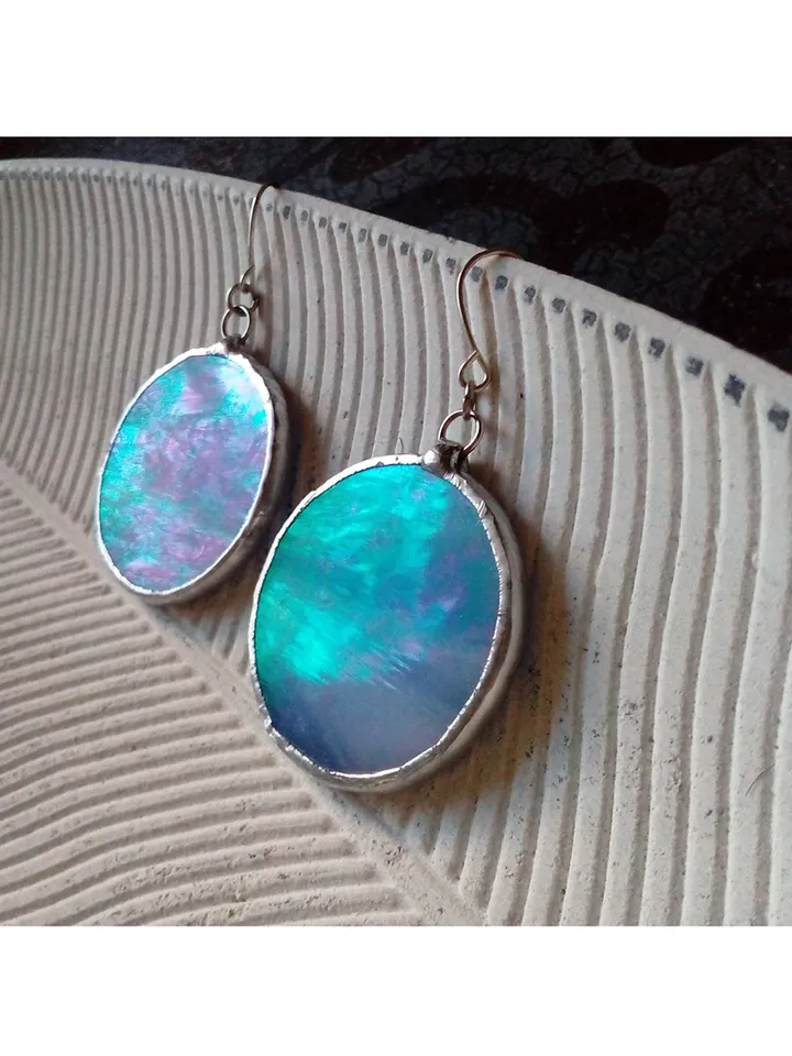 Iridescent stained glass blue earrings, Dichroic earrings, Duochrome earrings, Round stained glass