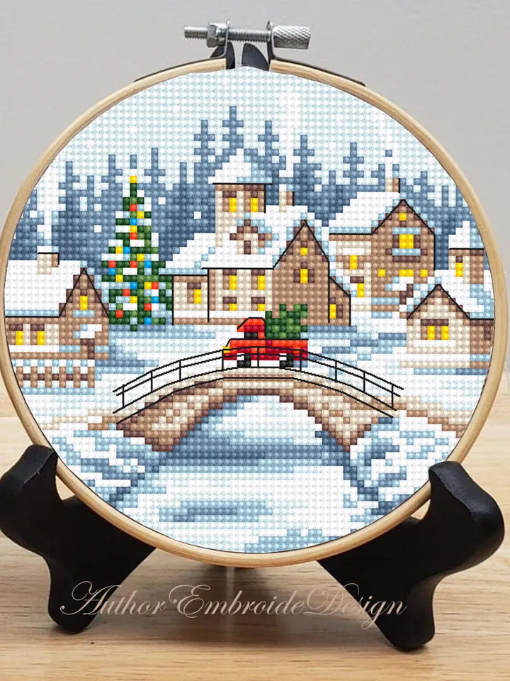 Christmas village cross stitch pattern PDF download Winter landscape cross stitch chart, Christmas pattern digital PDF, Snow landscape #N183