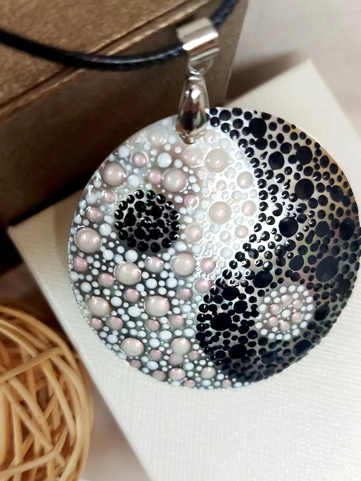 Illuminating Equilibrium: Hand-Painted Dotwork Yin Yang Pendant on Iridescent Mother-of-Pearl - Nacre Symbol of Ethereal Balance and Unity