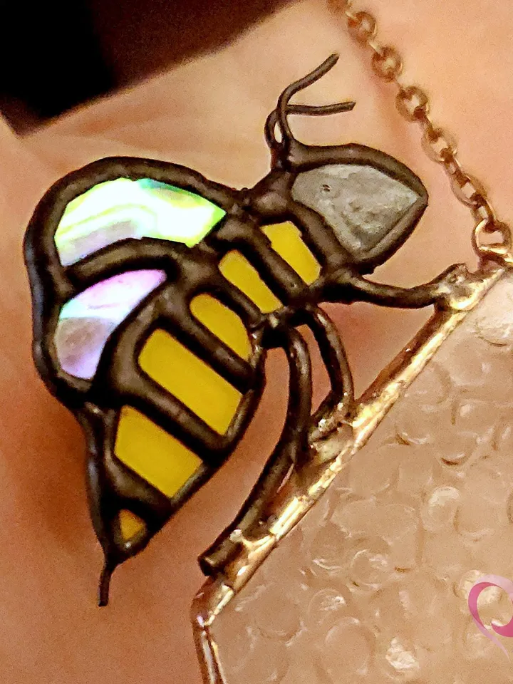 Real Stained Glass Honeycomb Suncatcher with Bee on Heart-Shaped Drippy Honeycomb with Glass Honey Drop Unique Gift for Bee Lover