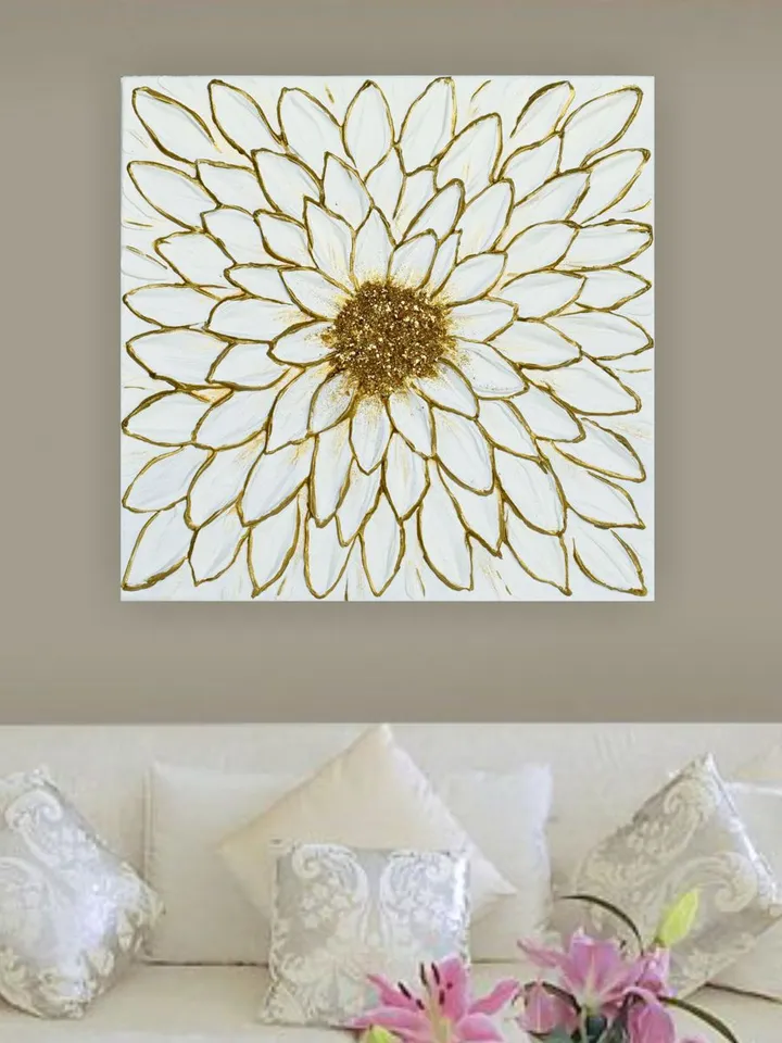 White Daisy original artwork textured painting White and gold Floral art
