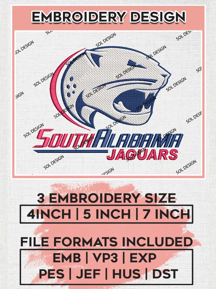 South Alabama Jaguars Logo Machine Embroidery Design, NCAA South Alabama Jaguars Embroidery Design Design files, NCAA Embroidery Designs, NCAA Machine Embroidery Designs, Digital Download