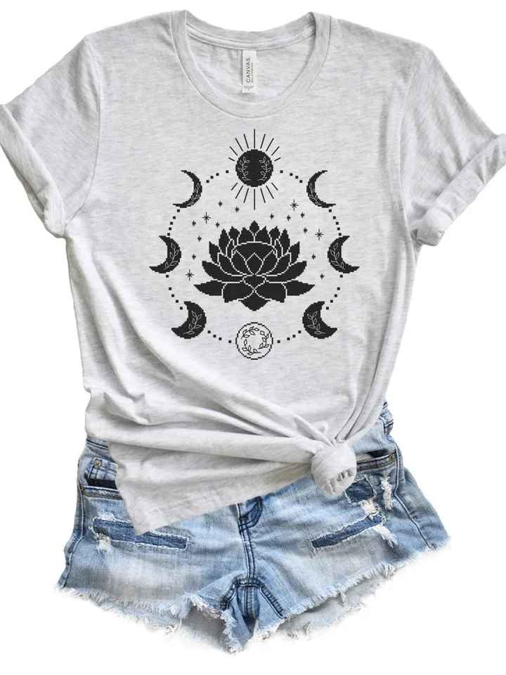 Mystical moon phase cross stitch pattern download PDF Lotus flower cross stitch chart, Floral moon cross stitch, Moon phase decor #L56