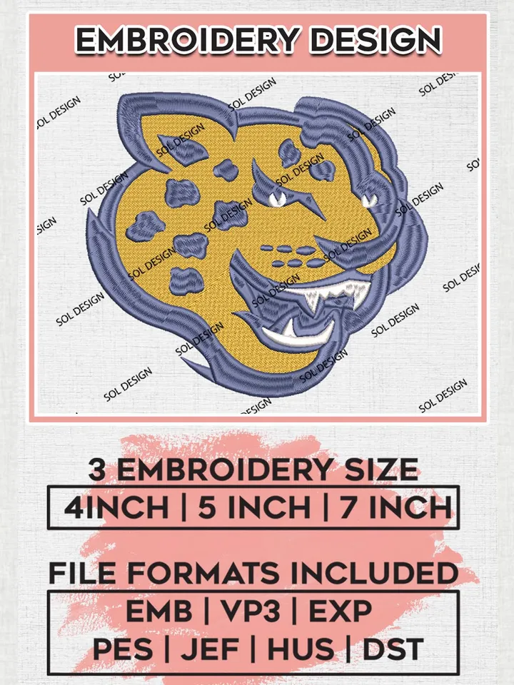 NCAA Southern Jaguars Team Head Mascot Logo Machine Embroidery Design, NCAA Southern Jaguars Team Design Design files, NCAA Team Embroidery Designs, NCAA Machine Embroidery Designs, Digital Download