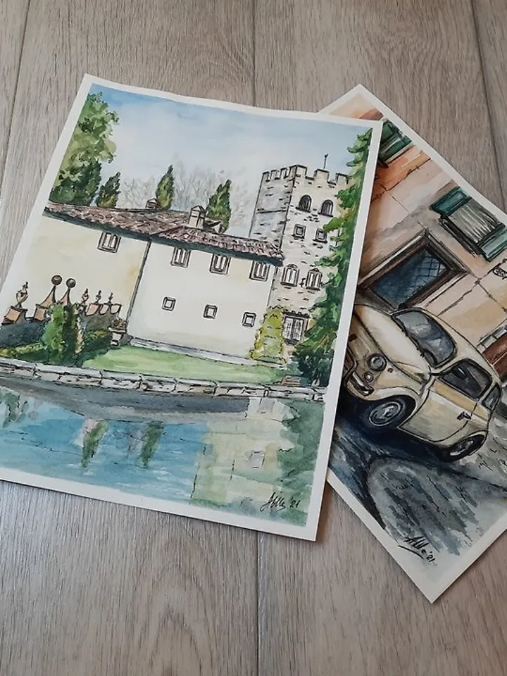 Original Watercolor painting Landscape Old castle Italy painting House painting