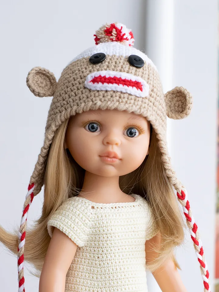 Monkey hat for Paola Reina doll, Meadowdolls Dumplings, Little Darling, Siblies, animals hat with ears for Halloween