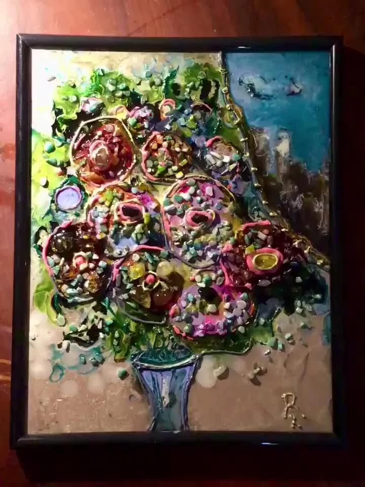 Colourful Stained glass mix media ,glass painting decorated with semi precious stones,unique modern art gift,flowers in a vase artwork.