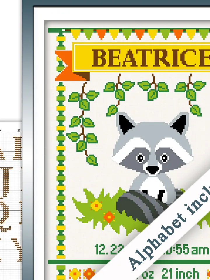 Baby Birth Announcement. Raccoon Cross Stitch Pattern. Baby Record Cross Stitch Pattern. DIY. Customizable New Baby.