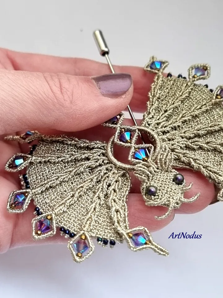 Elegant Bronze Dragon Micro-Macramé Brooch with Swarovski Crystals
