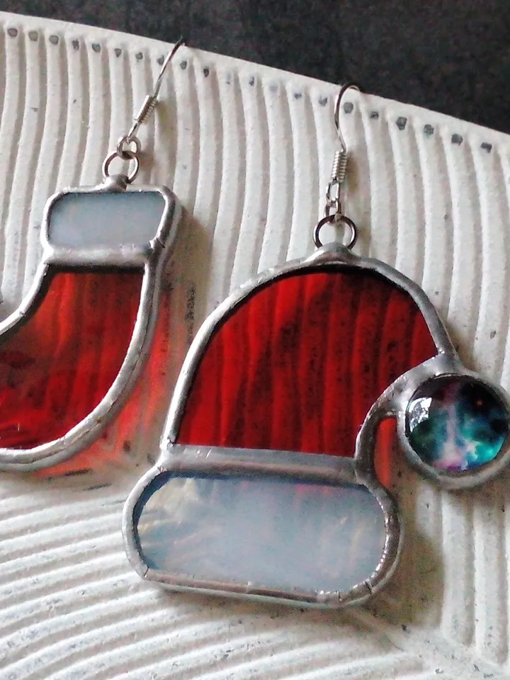 Santas hat stained glass earrings, Christmas hat, New year jewelry, Hygge Christmas decorations, Santa earrings