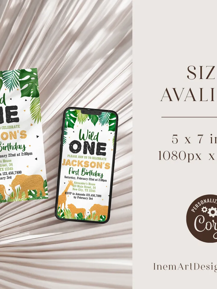 Safari Gold Birthday invitation, EDITABLE Jungle wild one Invitations, Boy 1st Birthday Invites Instant download Printable template
