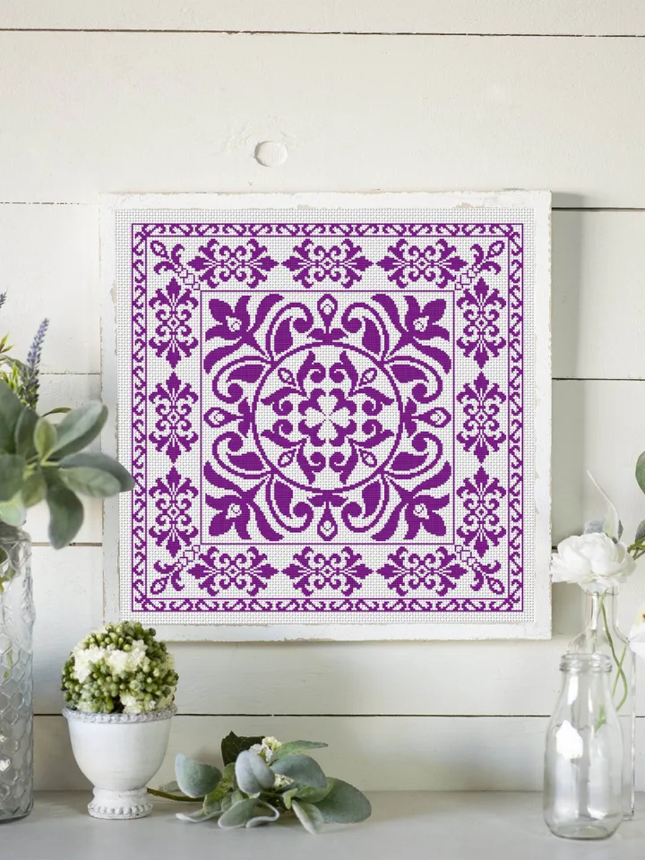 Square mandala cross stitch pattern PDF download Modern vintage ornament cross stitch, Monochrome mandala pattern digital PDF #M145