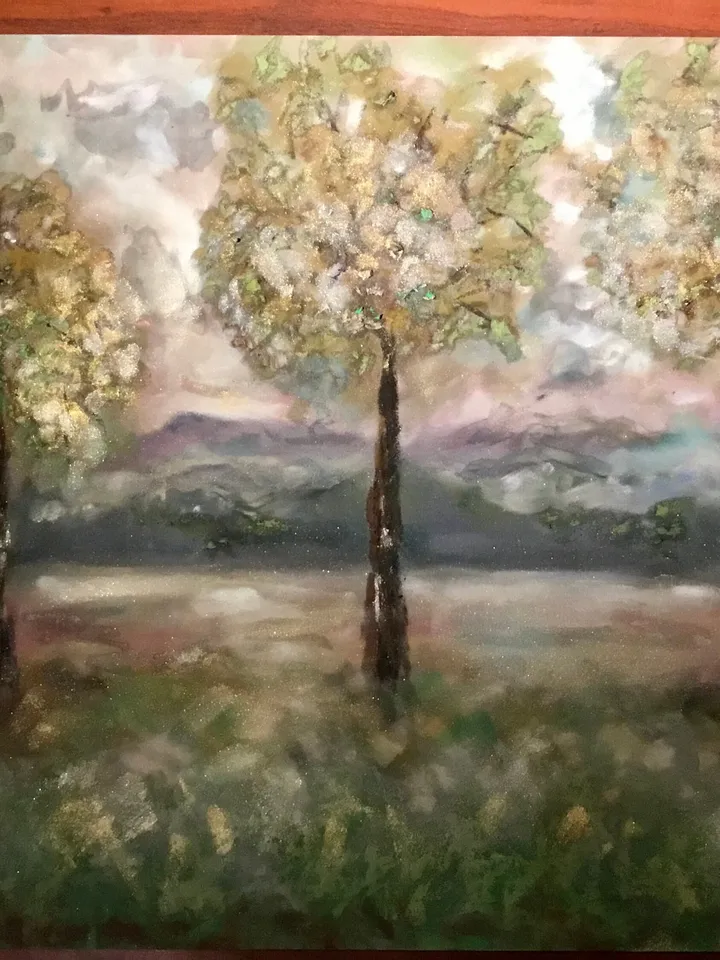 Golden trees original mix media pastel painting, pan pastel,soft pastel and oil pastel painting on pastelmat,3 trees wall art.