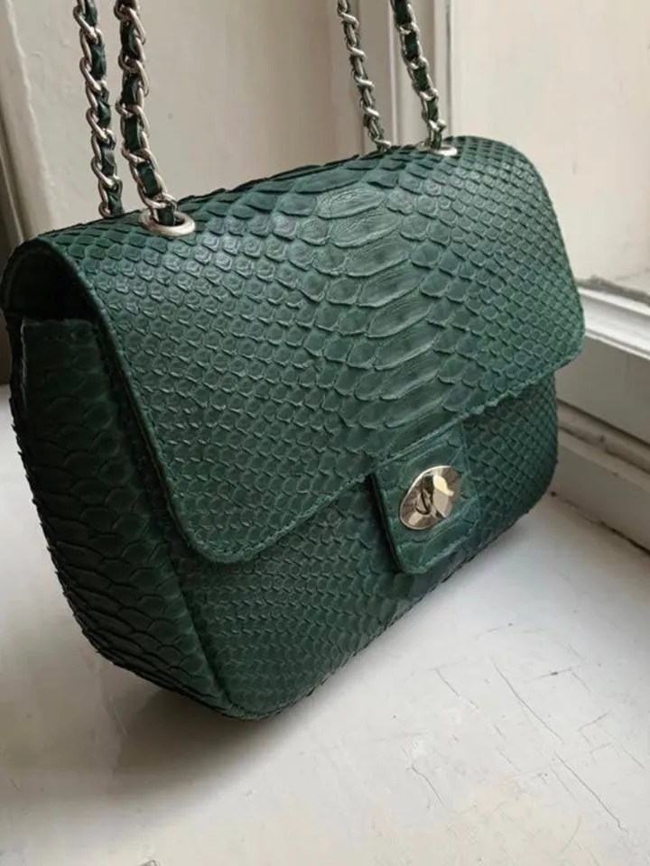 Dark Green Genuine Python Skin Crossbody Chain Bag | Bright Summer Bag | Elegant Women Bag | Chain Strap Crossbody Deep green classy Purse