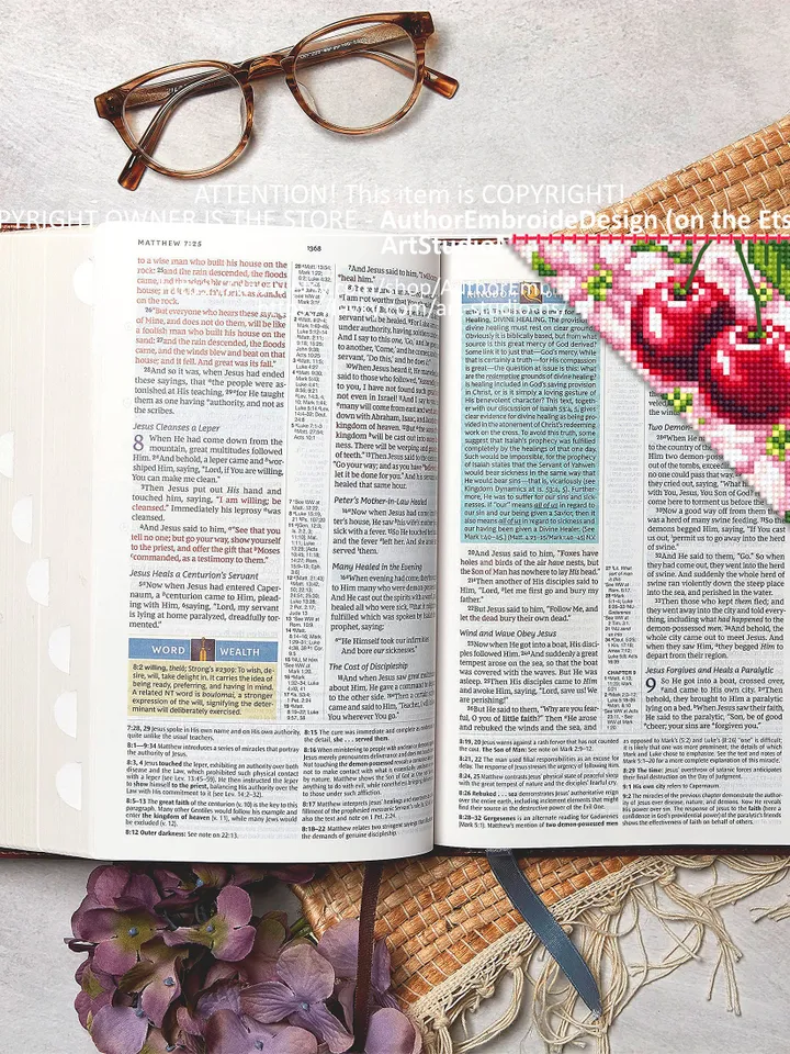 Corner bookmark cross stitch pattern PDF download Spring cross stitch chart, Floral bookmark corner digital PDF Сherry blossom Berries #B180
