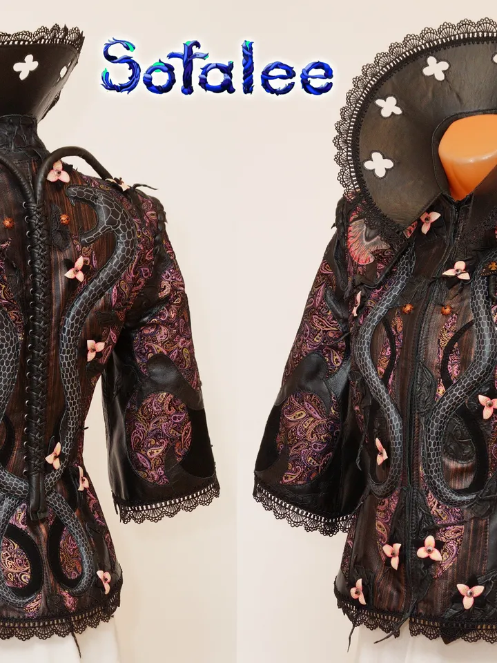 Genuine leather women's jacket bracelets, wide collar "Nagi" by Sofalee. Handmade exclusive coat purple black.