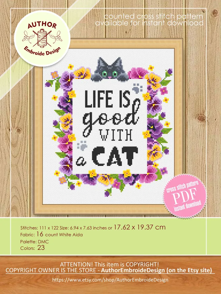 Flower cat cross stitch pattern PDF download Cat quotes cross stitch chart, Life Is Good With A Cat, Flower wreath pattern digital PDF #Q44