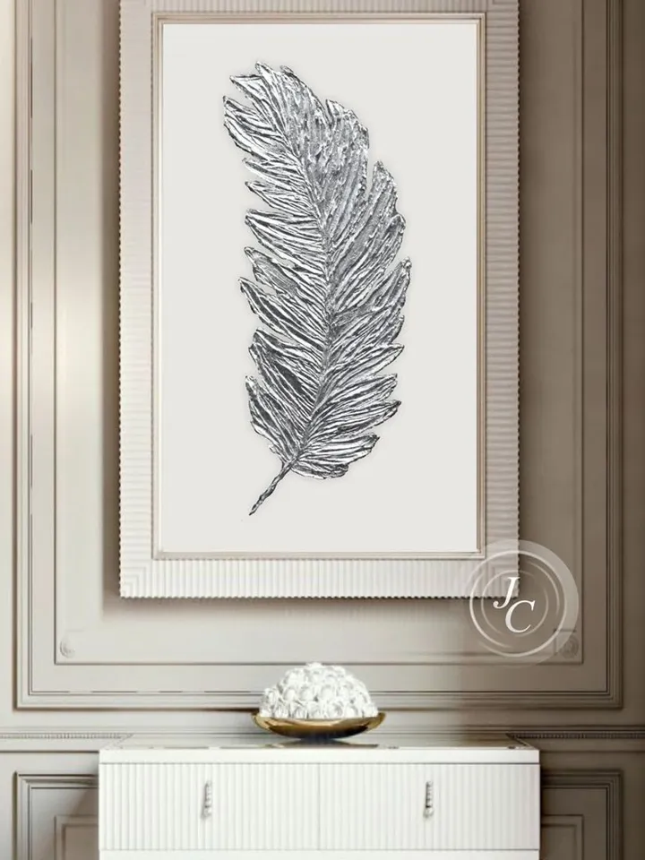 Silver Feather Abstract Wall Art Original Painting Textured artwork Silver wall decor Modern wall art