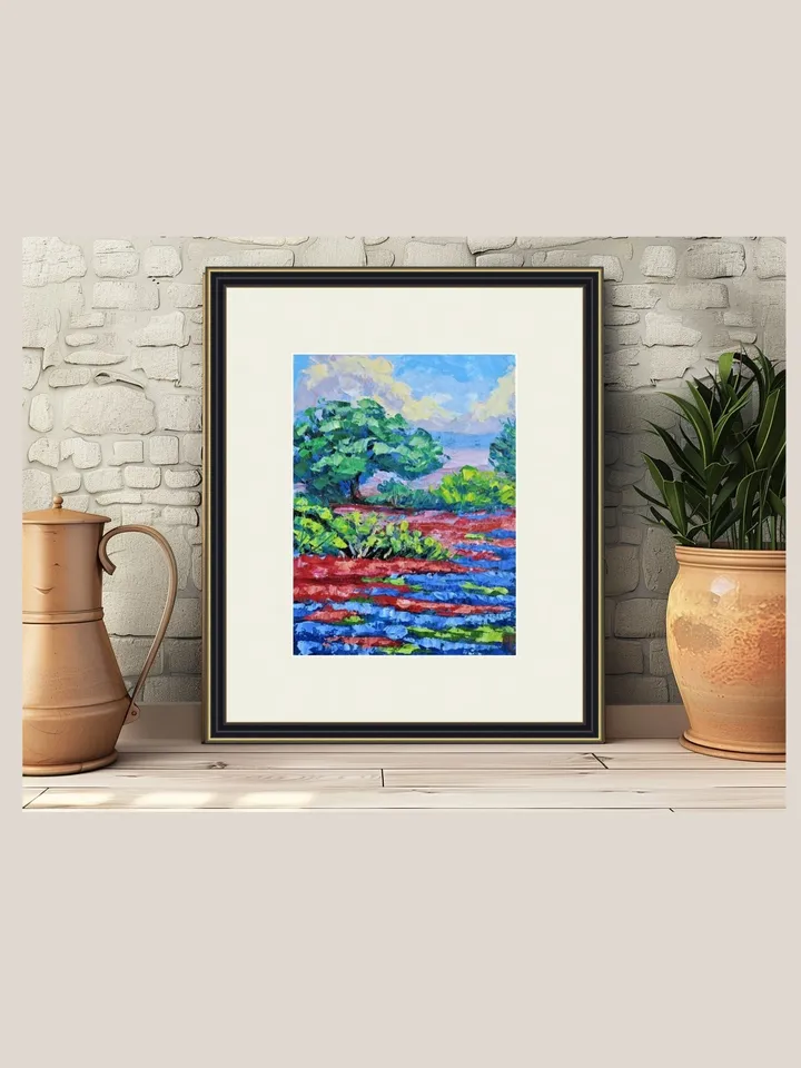 Original Mini Oil Painting Texas Landscape with Vibrant Blue and Red Flowers Artwork Colorful Texas Wildflowers in Scenic Landscape Home Decor