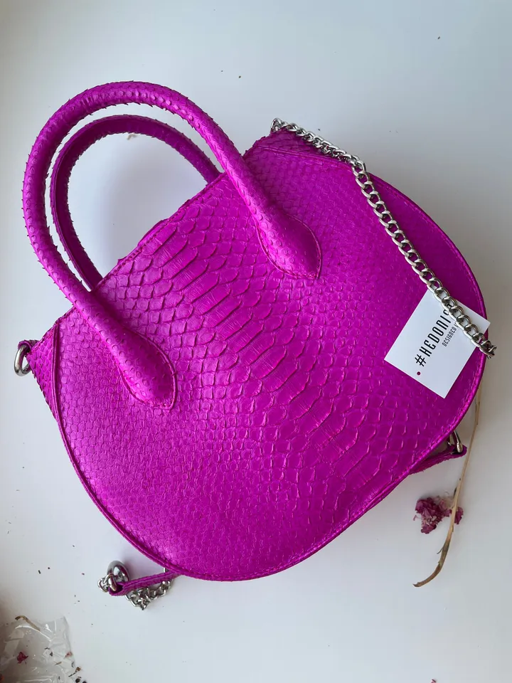 Genuine python skin top handle fuchsia bag | handmade designer bags | exotic leather bags | summer classy elegant bright colour leatherbag |