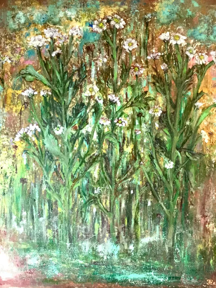Chrysanthemums painting,Abstract chrysanthemums,fantasy forest of flowers,oil painting,mixed media background,stretched canvas