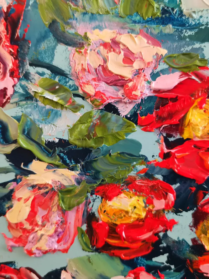 Roses Flower Coffee Candy Oil Painting Impasto Original Artist Svinar Oksana