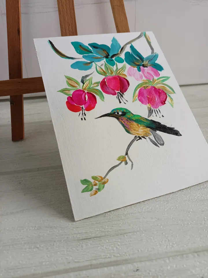 Painting "Hummingbird and fuchsia flowers."/acrylic painting, cardboard 6x8". Author's handmade.