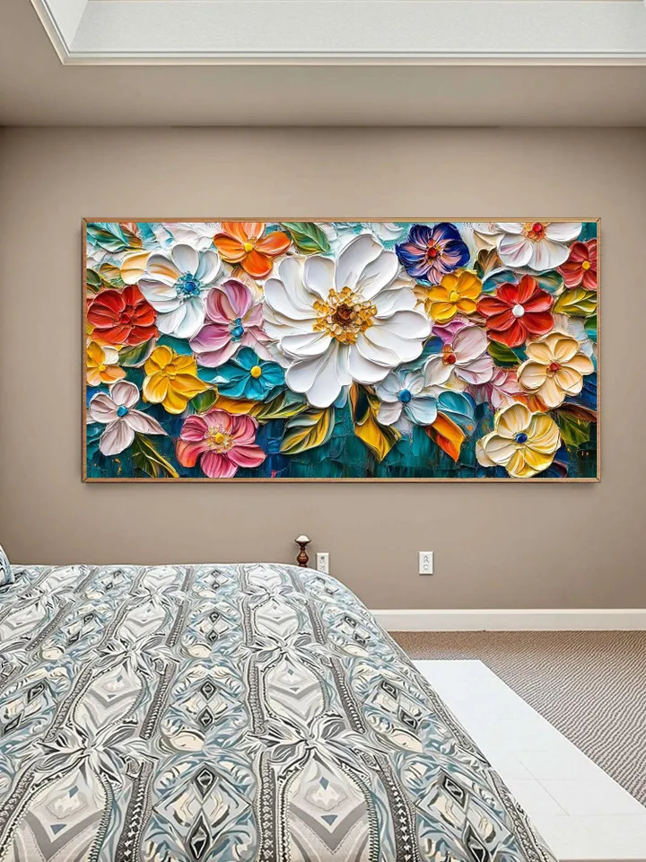 Large Impasto Floral Painting, Textured Colorful Flower Artwork, 3D Thick Paint Palette Knife Original Art, Abstract Flower Bouquet Painting