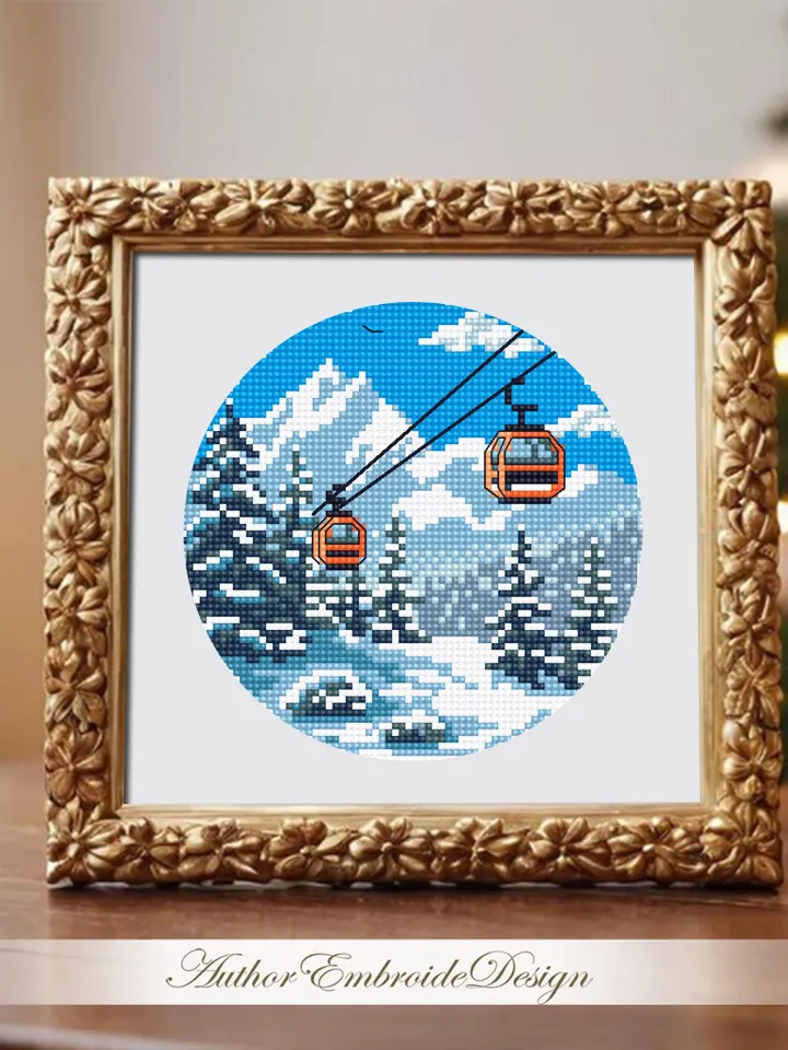 Winter landscape cross stitch pattern PDF download Ski lift gondola cross stitch, Small snow pattern digital PDF, Mountain landscape #L94
