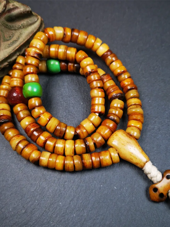 Gandhanra Old Tibetan 108 Yak Bone Mala,Prayer Beads Necklace,Rosary Beads for Meditation,Diameter 0.35", Circumference 22"