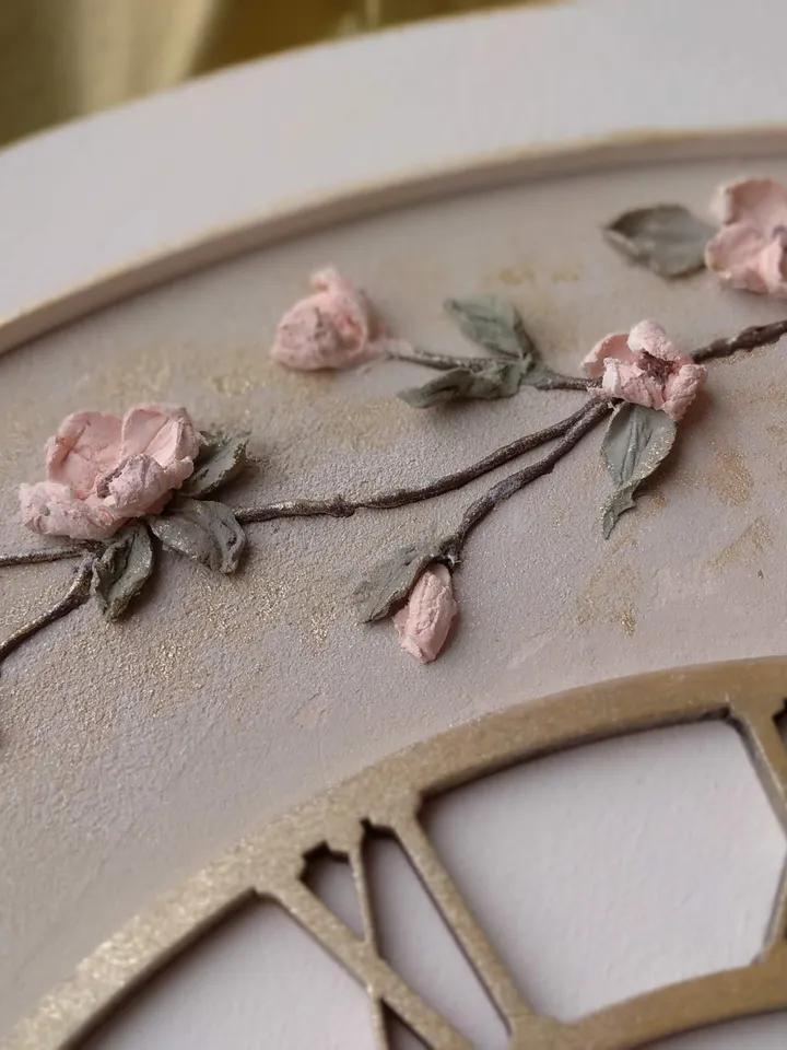 White gray wall clock with voluminous sakura Handmade clock Silent clock for bedroom, living room or nursery Gift for Christmas, Birthday, Mother's Day, Wedding, Housewarming