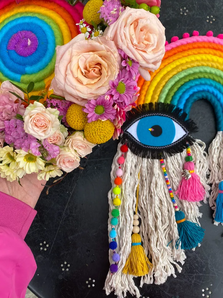 Boho home decor, Large rainbow wall hanging, Evil eye and Hamsa hand home decor, Mother day gift, Hippie stuff