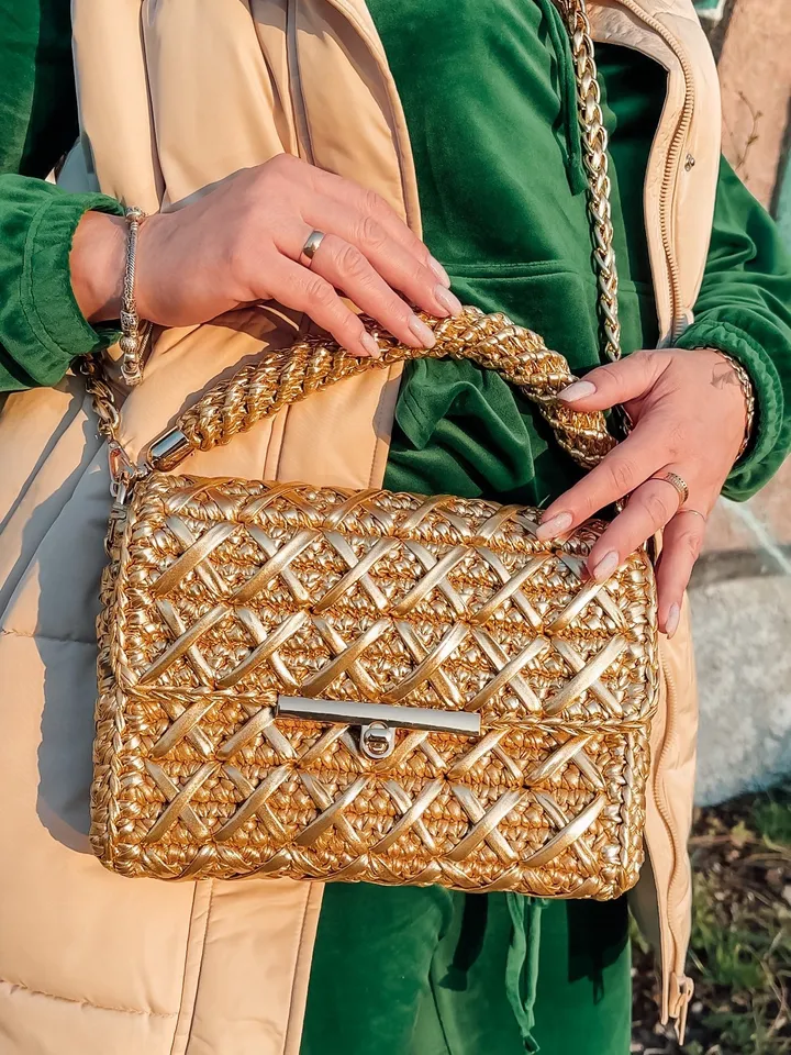 Gold women handbag, vegan crossbody, top handle, small purse, crochet clutch, shoulder bag, luxury bag