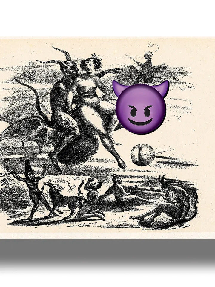 The devil and the witch fly to the sabbath on a huge penis.