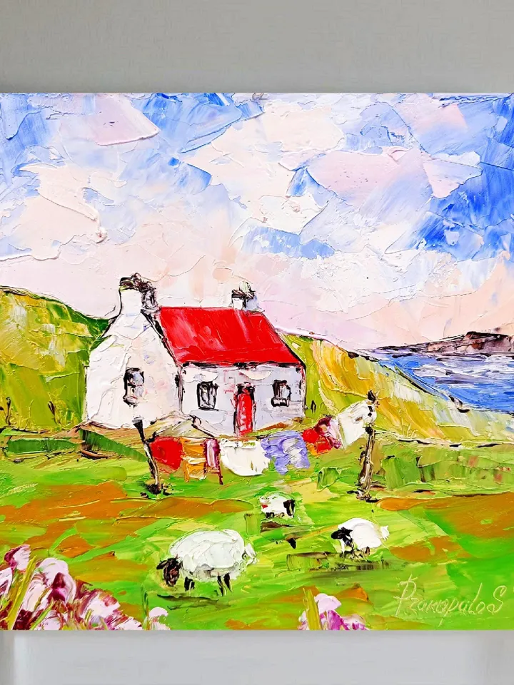 Ireland Painting Sheep Original Art Irish Landscape Oil Painting Farm Small Artwork Gift 8x8 in by ArtProkopaloSv