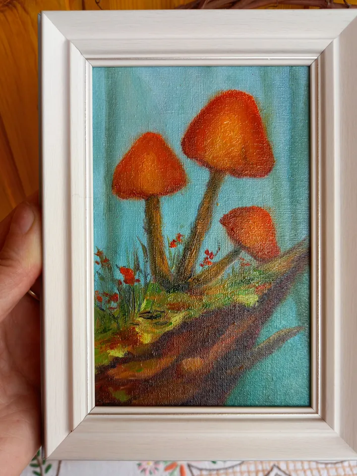 Mushrooms original oil painting 10x15 cm in a frame