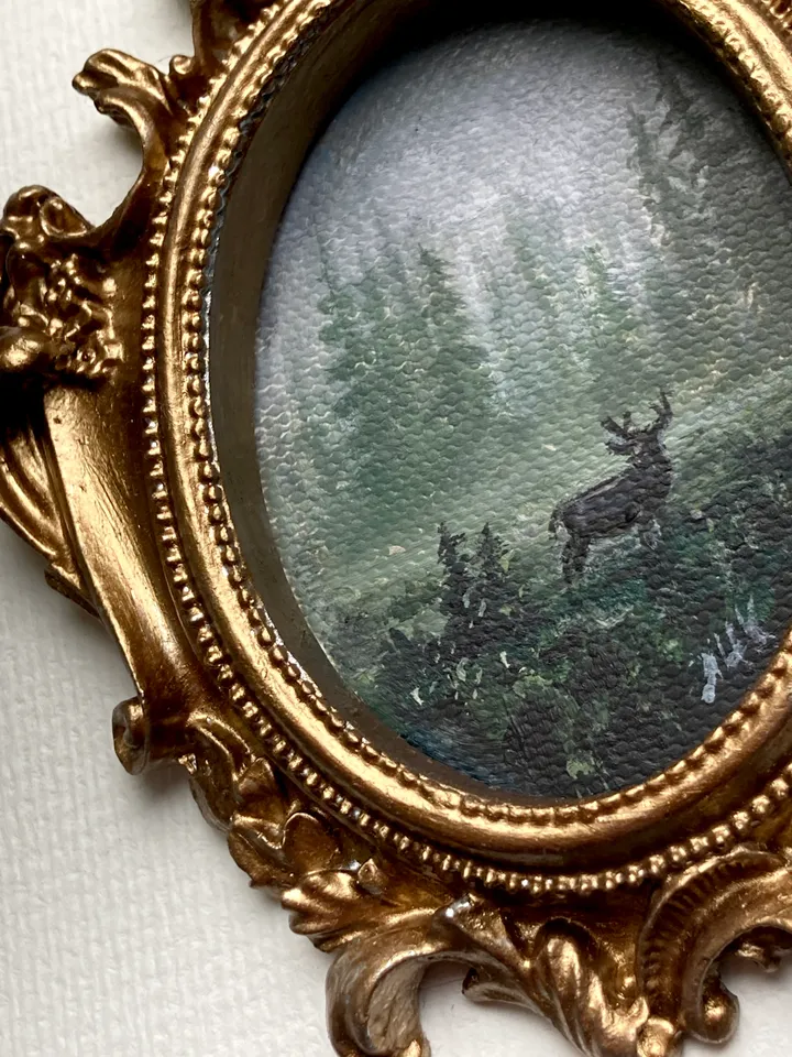 Forest Landscape Oil Painting Original In Vintage Style Frame Small Framed Oval Painting Art
