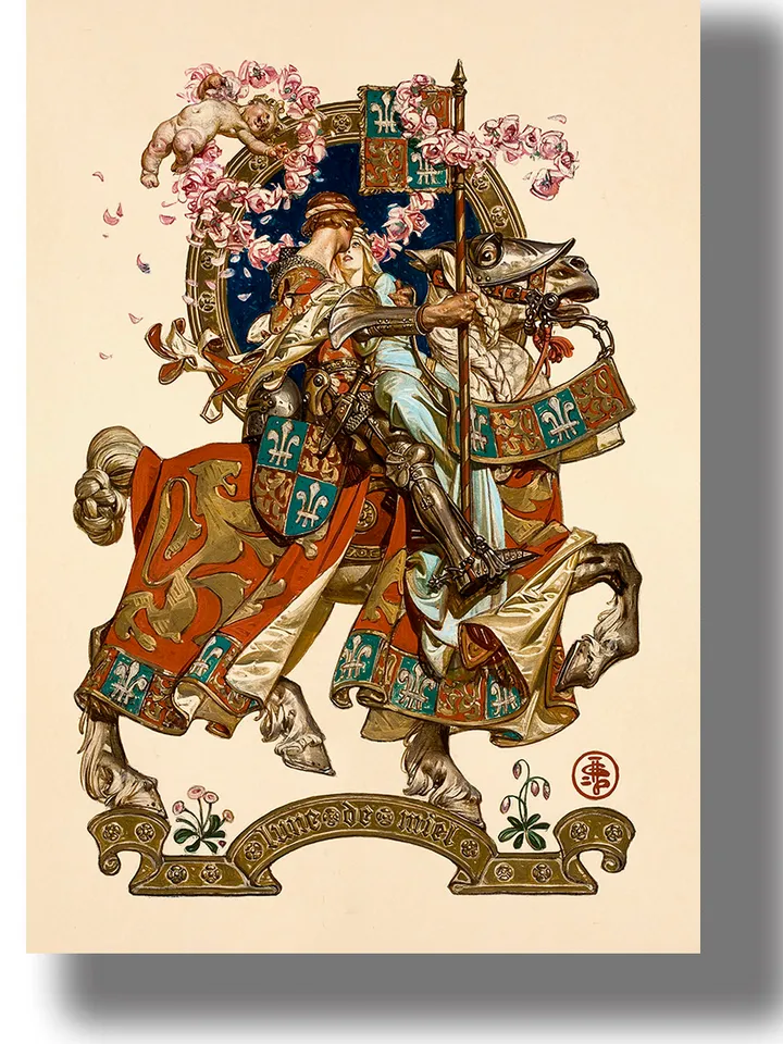 Honeymoon. Romantic art with a knight and his girlfriend. Wedding decoration.