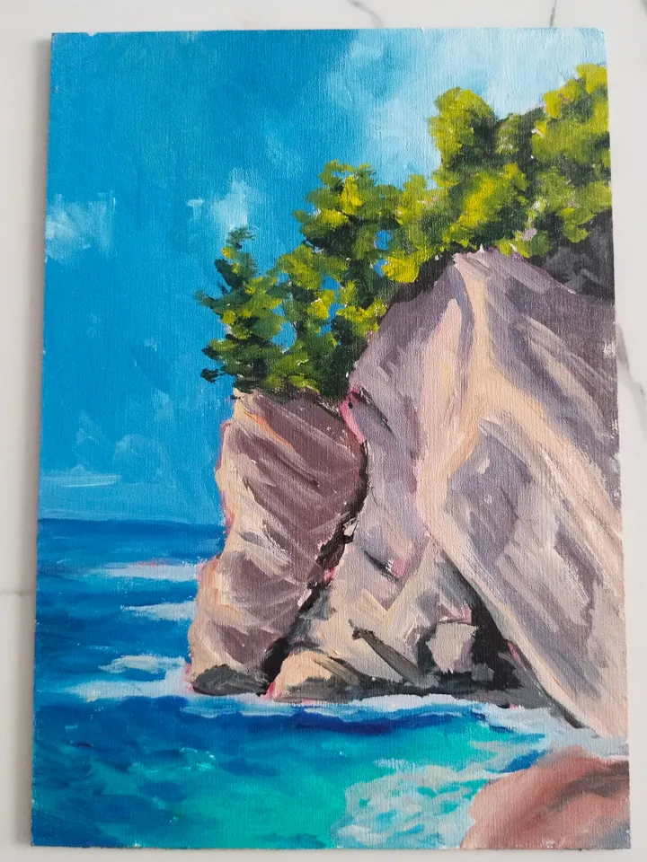 Seascape oil painting Seaside rocks in turquoise water Ocean shore Wall art