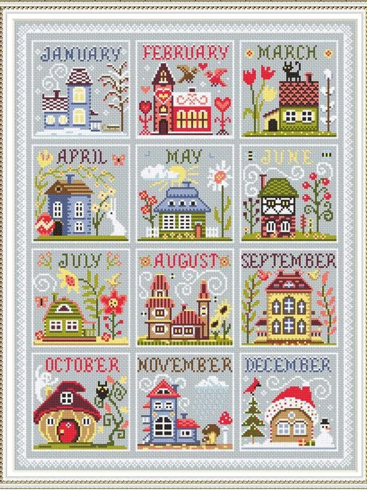 House calendar cross stitch pattern PDF download House seasons cross stitch chart, Cute house pattern digital PDF, Holiday cross stitch #T38