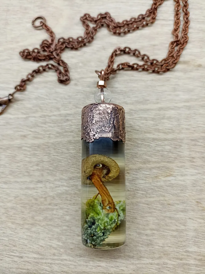 Magic mushroom necklace with green moss and Pyrite gemstone Resin pendant with mushroom Forest jewelry