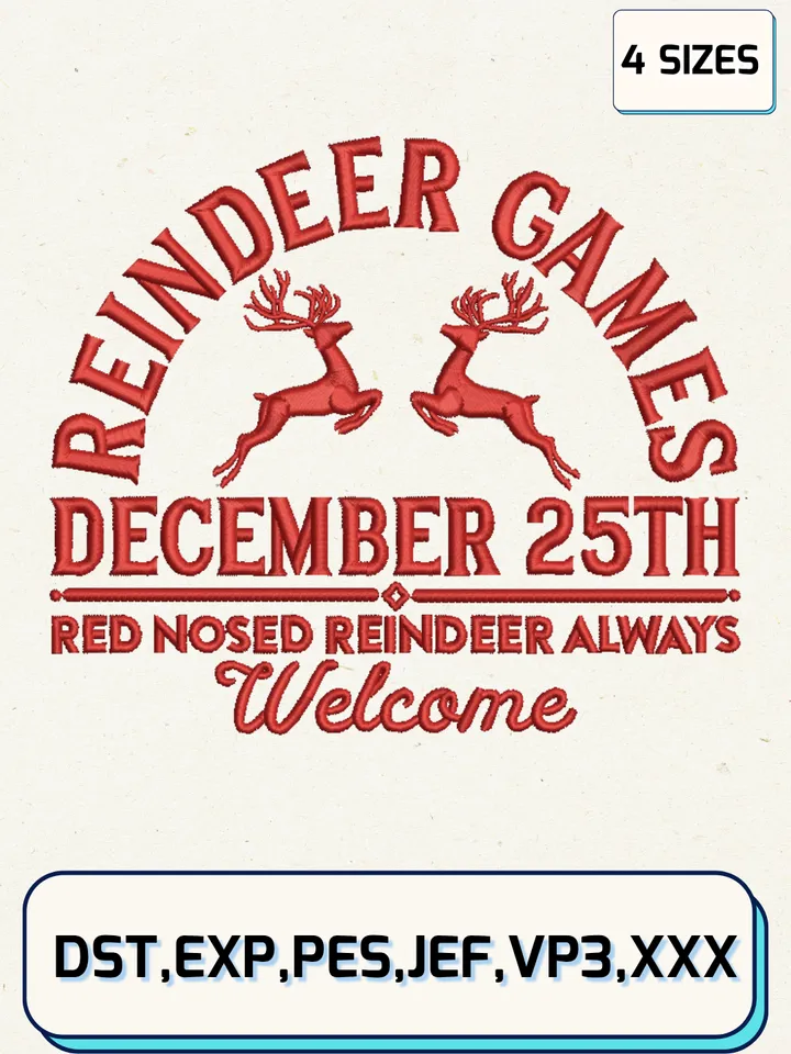 Reindeer Games Embroidery Design Files,Christmas Embroidery Designs,Machine Embroidery Files,4 Sizes