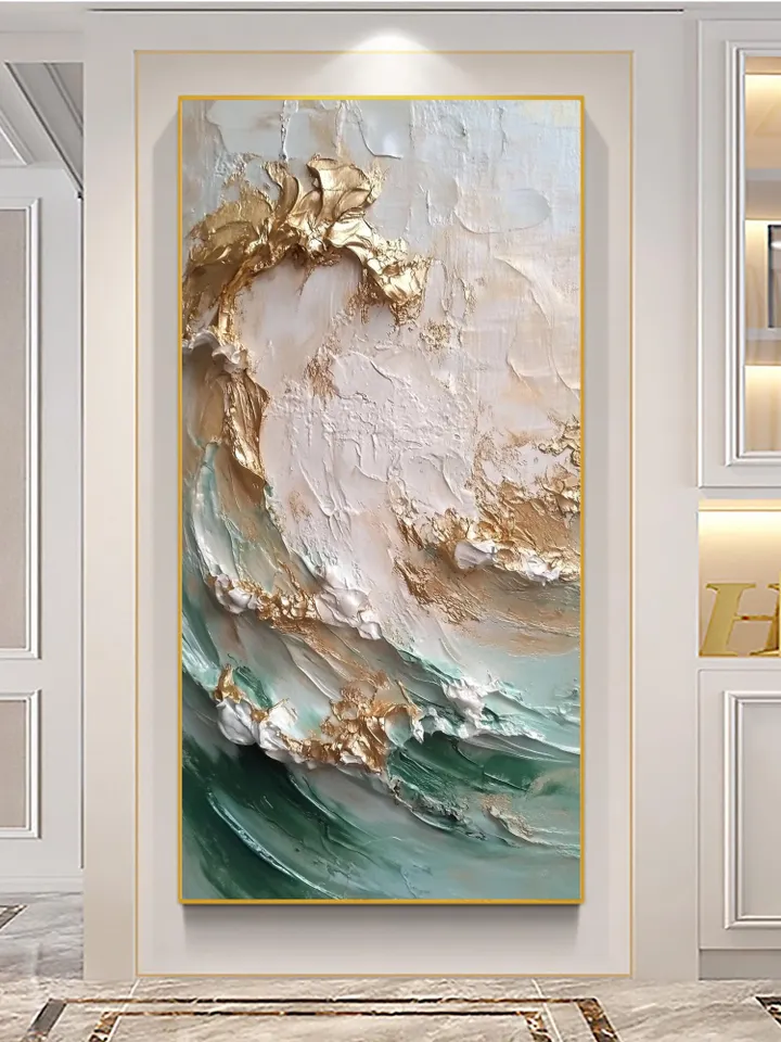 Original Abstract Golden Waves Oil Painting on Canvas | Elegant White, Gold, and Teal Art | Large Textured Wall Decor | Living room Wall Art